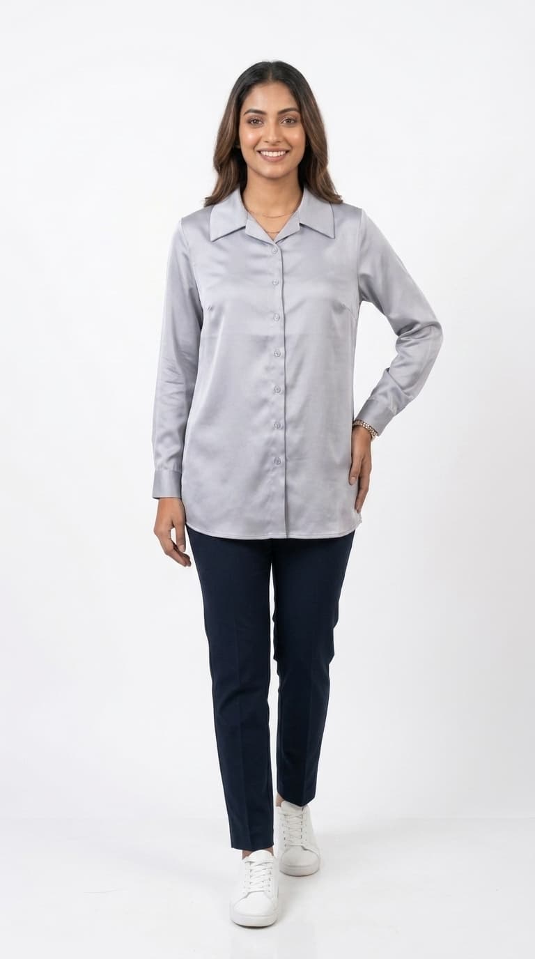 Silver Satin Wide Collar Shirt